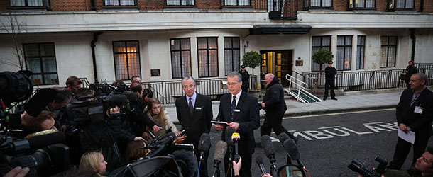 King Edward VII hospital chief executive John Lofthouse (CR) standing next to the hospital&#8217;s chairman Simon Glenarthur (CL) speaks to the media outside the hospital in London on December 7, 2012 after nurse Jacintha Saldanha was found dead at a property close by. A nurse at the hospital which treated Prince William&#8217;s pregnant wife Catherine, Duchess of Cambridge, was found dead on December 7, days after being duped by a hoax call from an Australian radio station, the hospital said. Police said they were treating the death, which happened at a property near the hospital, as unexplained. AFP PHOTO / CARL COURT (Photo credit should read CARL COURT/AFP/Getty Images)
