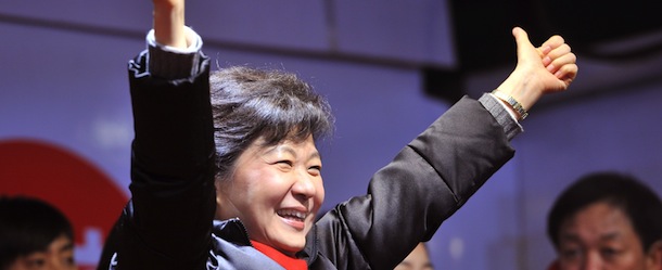 South Korea&#8217;s presidential candidate Park Geun-Hye (C) of the ruling New Frontier Party waves to her supporters during her election campaign in Seoul on December 18, 2012. The two rivals for South Korea&#8217;s presidency made a final pitch to voters on the eve of an election that looks set to go down to the wire and could produce the country&#8217;s first female leader. AFP PHOTO / JUNG YEON-JE (Photo credit should read JUNG YEON-JE/AFP/Getty Images)
