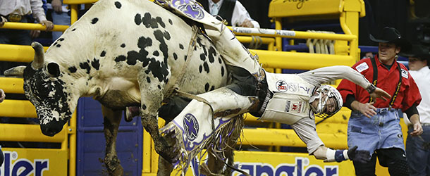 Kanin Asay of Powell, Wyo. is bucked off by the bull Spin Cycle as the 8-second tone sounds during the bull riding event of the National Finals Rodeo, Saturday, Dec. 15, 2012, in Las Vegas. (AP Photo/Julie Jacobson)
