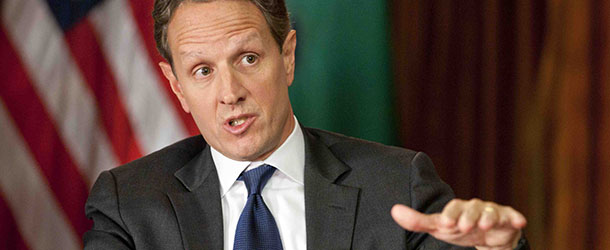 In this Nov. 30, 2012, photo provided by CBS News Treasury Secretary Timothy Geithner answers questions about averting the &#8220;fiscal cliff&#8221; on an episode of âFace the Nationâ on Sunday, Dec. 2, 2012 Geithner said Republicans have to stop using fuzzy âpolitical mathâ and say how much they are willing to raise tax rates on the wealthiest 2 percent of Americans and then specify the spending cuts they want. (AP Photo/CBS News, Chris Usher)
