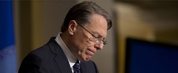 National Rifle Association executive vice president Wayne LaPierre pauses as he makes a statement during a news conference in response to the Connecticut school shooting, on Friday, Dec. 21, 2012 in Washington. The National Rifle Association broke its silence Friday on last week&#8217;s shooting rampage at a Connecticut elementary school that left 26 children and staff dead. (AP Photo/ Evan Vucci)
