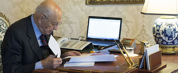In this photo released by the Italian Presidency, Italian President Giorgio Napolitano prepares to receive political leaders in his studio at Rome&#8217;s Quirinale presidential palace Saturday Dec. 22, 2012. Italy&#8217;s president is meeting with political leaders to set the stage for general elections early next year as Premier Mario Monti weighs whether to run for office after having handed in his resignation. Monti, appointed 13 months ago to steer Italy away from a Greek-style debt crisis, stepped down Friday after ex-Premier Silvio Berlusconi&#8217;s party yanked its support for his technical government. (AP Photo/Paolo Giandotti, Italian Presidency, ho)
