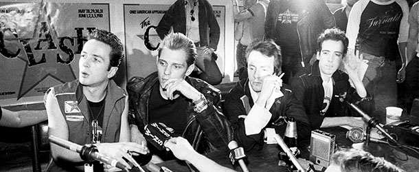 Members of the British rock band The Clash hold a news conference at New York&#8217;s Bond International Casino to discuss their upcoming performance schedule, Sunday, May 31, 1981. Their schedule was temporarily interrupted Friday by New York City agencies questioning the club&#8217;s compliance with city regulations. The club was found to be in compliance. Members of the band are, from left, Joe Strummer, Paul Simonon, Topper Headon, and Mick Jones. (AP Photo/Mario Cabrera)
