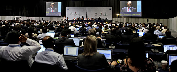 FILE &#8211; In this file photo dated Monday Dec. 3, 2012, participants listen to the speech of Hamdoun Toure, Secretary General of International Telecommunication Union, ITU, seen on screens, at the eleventh day of the World Conference on International Telecommunication in Dubai, United Arab Emirates. A U.N. conference weighing possible Internet rules shifted into high-stakes showdowns on Thursday after advancing a proposal for greater government oversight. The proposal was a blow to U.S.-led efforts to keep new regulations from touching the Net.(AP Photo/Kamran Jebreili, File)
