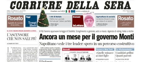 Le prime pagine di sabato 8 dicembre 2012