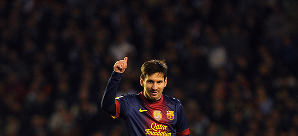 Barcelona&#8217;s Argentinian forward Lionel Messi celebratesduring the Spanish league football match Real Betis vs FC Barcelona on December 9, 2012 at the Benito Villamarin stadium in Sevilla. AFP PHOTO/ JORGE GUERRERO (Photo credit should read Jorge Guerrero/AFP/Getty Images)
