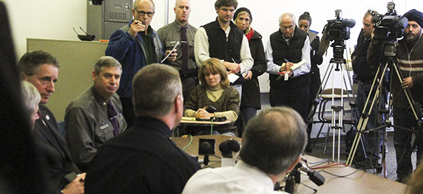 WEBSTER, NY &#8211; DECEMBER 24: Webster Police Chief Gerald Pickering (C) addresses a news conference concerning the two firefighters killed, and two injured in a presumed ambush attack December 24, 2012 in Webster, New York. Authorities say an ex-con gunned down two firefighters after setting a car and a house on fire early Monday, then took shots at police and committed suicide while several homes burned. (Photo by Guy Solimano/Getty Images)
