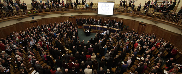 LONDON, ENGLAND - NOVEMBER 20: A general view of the Assembly Hall of Church House during a meeting of the General Synod of the Church of England on November 20, 2012 in London, England. The Church of England's governing body, known as the General Synod, will later today vote on whether to allow women to become bishops. (Photo by Yui Mok/WPA Pool/Getty images)