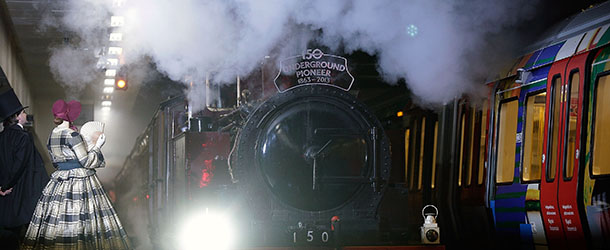 LONDON, ENGLAND - JANUARY 13: A newly restored steam engine built in 1898, known as Met Locomotive No. 1, arrives at Moorgate station in a recreation of the first London Underground journey on January 13, 2013 in London, England. The London Underground celebrates its 150th birthday this month, the Metropolitan line being the first stretch between Paddington and Farringdon stations. (Photo by Matthew Lloyd/Getty Images)