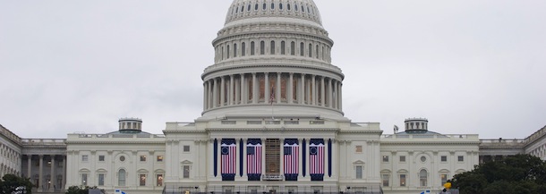 Preparations continue for the Presidential Inauguration on the West Front of the US Capitol in Washington, DC, on January 16, 2013. US President Barack Obama will be ceremonially sworn-in for a second term on January 21. AFP PHOTO / Saul LOEB (Photo credit should read SAUL LOEB/AFP/Getty Images)