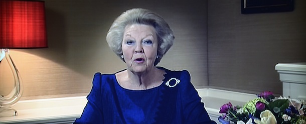 Dutch Queen Beatrix announces her abdication on television on January 28, 2013. Queen Beatrix of the Netherlands announced on January 28, 2013 that she would abdicate in favour of her son Crown Prince Willem Alexander at the end of April, after 33 years in power. The queen, who is to turn 75 on Thursday, told national television that her birthday and the 200-year anniversary of the monarchy in 2013 "were the reason for me to step down." AFP PHOTO / ANP / ROYAL IMAGES LEX VAN LIESHOUT netherlands out (Photo credit should read LEX VAN LIESHOUT/AFP/Getty Images)
