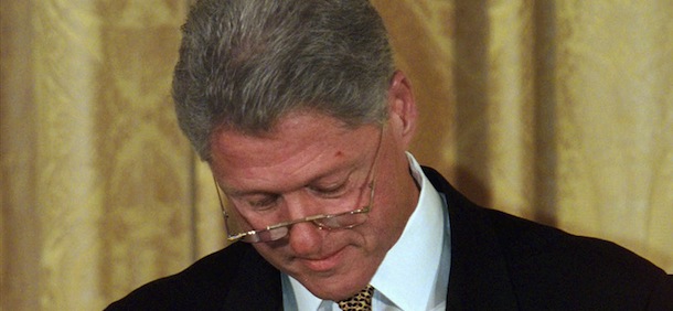 President Clinton pauses as he hosts the annual White House prayer breakfast Friday, Sept. 11, 1998. Clinton, in a solemn apology at the breakfast, included Monica Lewinsky in a statement of regret for having an improper relationship and lying about it. (AP Photo/J. Scott Applewhite)