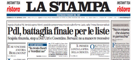 Le prime pagine di domenica 20 gennaio 2013