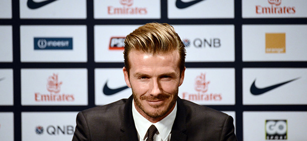 British football player David Beckham speaks during a press conference at the Parc des Princes stadium in Paris on January 31, 2013 to announce that he joined Paris Saint-Germain (PSG) football club. Beckham signed a five-month deal with the Ligue 1 leaders until the end of June, the club said. AFP PHOTO / FRANCK FIFE (Photo credit should read FRANCK FIFE/AFP/Getty Images)