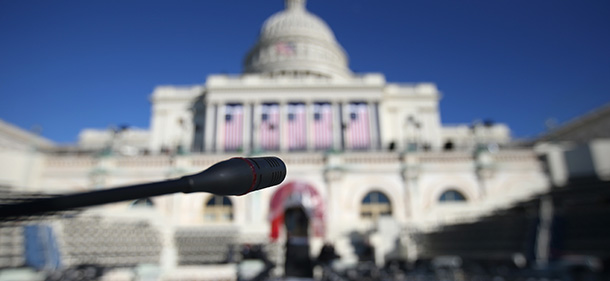 WASHINGTON, DC - JANUARY 19: A microphone stands over a podium on the west Capitol platform where President Barack Obama will take the oath of office during his second inauguration on January 19, 2013 in Washington, D.C. Preparations continued ahead of Monday's historic event, which is expected to draw more than half a million people. (Photo by John Moore/Getty Images)