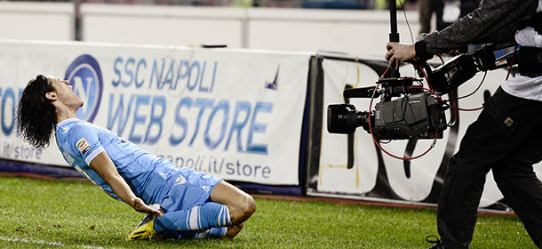 SSC Napoli's forward Edinson Cavani celebrates after scoring during the Serie A football match SSC Napoli vs A.S. Roma at San Paolo Stadium in Naples on January 6, 2013. AFP PHOTO / ROBERTO SALOMONE (Photo credit should read ROBERTO SALOMONE/AFP/Getty Images)