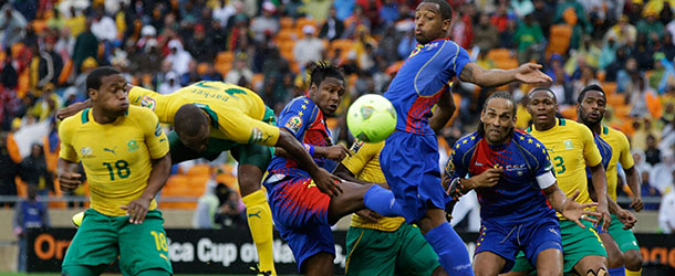 South Africa's Bernard Parker, 2nd left, attempts a shot at Cape Verde's goal during the opening match of the African Cup of Nations Saturday, Jan. 19, 2013, at the Soccer City stadium in Johannesburg. The two teams play in group A with Angola and Morocco. (AP Photo/Armando Franca)