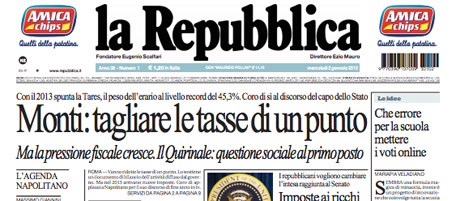 Le prime pagine di mercoledì 2 gennaio 2013