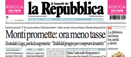 Le prime pagine di lunedì 7 gennaio 2013