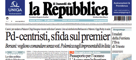 Le prime pagine di lunedì 14 gennaio 2013