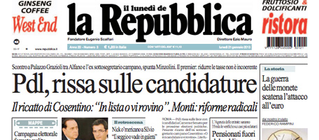 Le prime pagine di lunedì 21 gennaio 2013