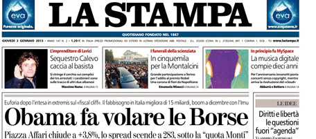 Le prime pagine di giovedì 3 gennaio 2013