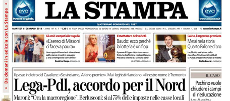Le prime pagine di martedì 8 gennaio 2013