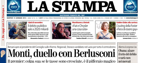 Le prime pagine di martedì 15 gennaio 2013