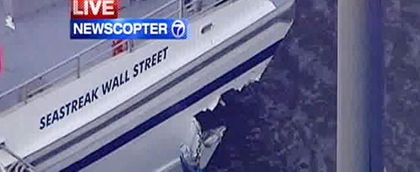 This frame grab taken from WABC News Channel 7 aerial video shows damage to a commuter ferry in Lower Manhattan, Wednesday, Jan. 9, 2013, in New York. The Fire Department says about 17 people were injured when the ferry from New Jersey struck a dock during rush hour. (AP Photo/WABC News Channel 7)