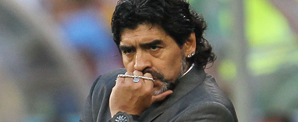 CAPE TOWN, SOUTH AFRICA - JULY 03: Diego Maradona head coach of Argentina looks on dejected during the 2010 FIFA World Cup South Africa Quarter Final match between Argentina and Germany at Green Point Stadium on July 3, 2010 in Cape Town, South Africa. (Photo by Chris McGrath/Getty Images) *** Local Caption *** Diego Maradona