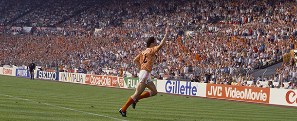 Dutch footballer Marco van Basten having scored the first of his three goals against England during a European Championship match in Dusseldorf, 15th June 1988. Holland won 1-3. (Photo by David Cannon/Getty Images)