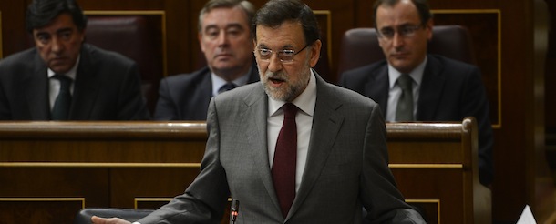 Spanish Prime Miniister Mariano Rajoy gives a speech during a Parliament session in Madrid on January 30, 2013. Anger over a long list of corruption scandals implicating bankers, politicians and even members of the royal family is on the rise in recession-hit Spain, putting the spotlight on the failure of the country's democracy to tackle the issue. The latest corruption scandal to make headlines involves Prime Minister Mariano Rajoy's centre-right Popular Party, whose popularity has plunged since it won a November 2011 election in a landslide. AFP PHOTO / PIERRE-PHILIPPE MARCOU (Photo credit should read PIERRE-PHILIPPE MARCOU,PIERRE-PHILIPPE MARCOU/AFP/Getty Images)