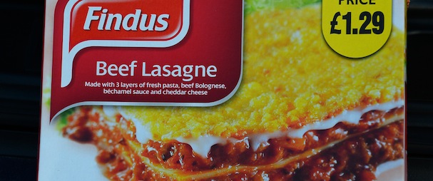 A picture shows the front of a Findus 320g beef lasagne frozen readymeal box taken near Sunderland on February 8, 2013. Tests confirming beef lasagne sold under the Findus brand contained up to 100 percent horsemeat sparked a wider food scare in Britain on February 8 with authorities ordering urgent tests on all beef products on sale. Findus tested 18 of its beef lasagne products manufactured by French supplier Comigel and found 11 meals containing between 60 percent and 100 percent horsemeat, the FSA said. AFP PHOTO / ANDREW YATES (Photo credit should read ANDREW YATES/AFP/Getty Images)
