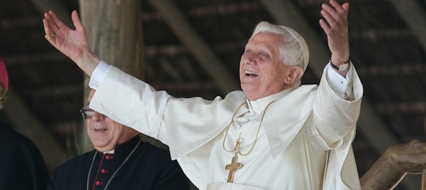 Pope Benedict XVI waves as he arrives at a drug rehabilitation center called 'Fazenda da Esperanca' or 'Farm of Hope' in Guaratingueta, Brazil, Saturday, May 12, 2007. (AP Photo/Victor R. Caivano)