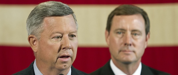 Nebraska Governor Dave Heineman speaks during a news conference in Lincoln, Neb., Thursday, Aug. 4, 2011, with Lt. Gov. Rick Sheehy, right. Heineman said he will not convene a special session of the legislature despite a call by Sen. Ken Haar of Malcolm, who wants the state to enact legislation to protect Nebraska's Sand Hills and Ogallala Aquifer from the Keystone XL pipeline project, that some say is an environmental threat. (AP Photo/Nati Harnik)