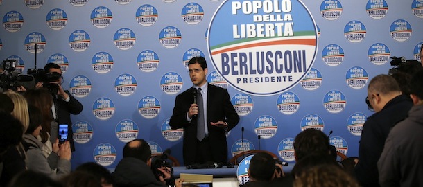 People of Freedom party spokesman Daniele Capezzone talks to journalists at party's headquarters in Rome, Monday, Feb. 25, 2013. Italy's crucial elections appeared to be heading toward gridlock, initial results showed Monday, with the center-left forces of Pier Luigi Bersani moving ahead in the lower house of Parliament and the camp of former premier Silvio Berlusconi gaining the upper hand in the equally powerful Senate. (AP Photo/Gregorio Borgia)