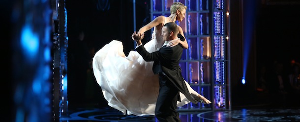 ** EMBARGOED AT THE REQUEST OF THE ACADEMY OF MOTION PICTURE ARTS &amp; SCIENCES FOR USE UPON CONCLUSION OF THE ACADEMY AWARDS TELECAST ** Channing Tatum, left, and Charlize Theron perform at the Oscars at the Dolby Theatre on Sunday Feb. 24, 2013, in Los Angeles. (Photo by Matt Sayles/Invision/AP)