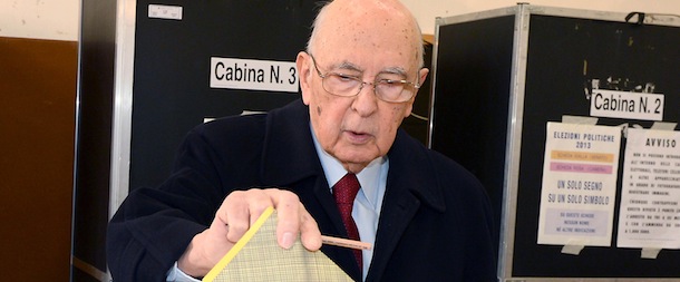 Italian President Giorgio Napolitano casts his ballot, in Rome, Italy, Sunday, Feb. 24, 2013. Italy votes in a watershed parliamentary election Sunday and Monday that could shape the future of one of Europe's biggest economies. (AP Photo/Antonio Di Gennario, Italian Presidential press service, ho)