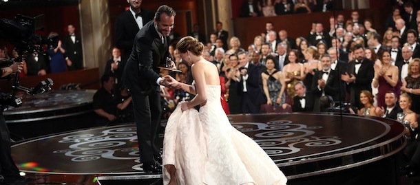 Jennifer Lawrence approaches the stage to accept her award for best actress for "Silver Linings Playbook," at the Oscars at the Dolby Theatre on Sunday Feb. 24, 2013, in Los Angeles. (Photo by Matt Sayles/Invision/AP)