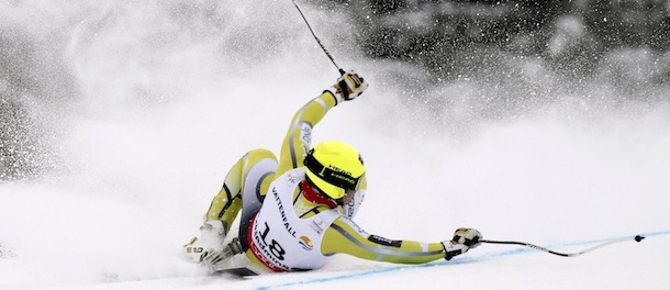 Norway's Kjetilâ Jansrud falls during the men's super-G, at the Alpine skiing world championships in Schladming, Austria, Wednesday, Feb.6, 2013. (AP Photo/Alessandro Trovati)