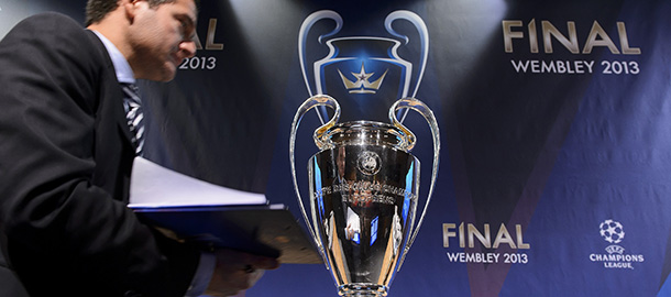 The UEFA Champions League trophy is seen after the draw for the last 16 of the UEFA Champions League on December 20, 2012 at the UEFA headquarters in Nyon. Ties between Barcelona and AC Milan and Manchester United and Real Madrid topped the bill in the draw. AFP PHOTO / FABRICE COFFRINI (Photo credit should read FABRICE COFFRINI/AFP/Getty Images)