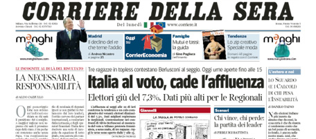 Le prime pagine di lunedì 25 febbraio 2013