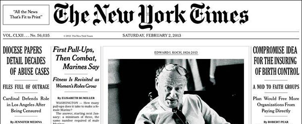 Le prime pagine dei giornali USA dedicate a Ed Koch