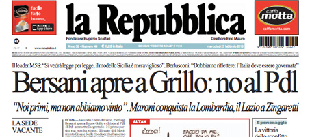 Le prime pagine di mercoledì 27 febbraio 2013