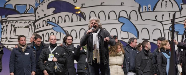 Italian comic-turned-political agitator Beppe Grillo, leader of the anti-establishment 5 Star Movement, delivers his speech during a final rally in view of the upcoming general elections, in Rome, Friday, Feb. 22, 2013. Grillo fills piazzas from Milan to Rome, from Palermo to Verona with Italians who seem to get some catharsis from his rant against politician who drove the country to the brink of financial ruin, industrial managers whose alleged shenanigans are tarnishing prized companies and bankers who aided and abetted the other two classes of powerbrokers. (AP Photo/Andrew Medichini)(LaPresse/AP/Andrew Medichini)