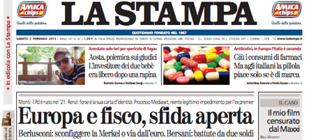 Le prime pagine di sabato 2 febbraio 2013