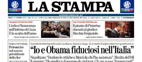 Le prime pagine di sabato 16 febbraio 2013