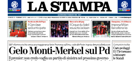 Le prime pagine di giovedì 21 febbraio 2013