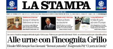 Le prime pagine di sabato 23 febbraio 2013
