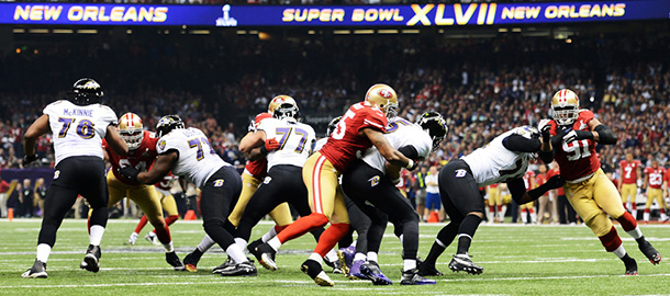 NEW ORLEANS, LA - FEBRUARY 03: Ahmad Brooks #55 of the San Francisco 49ers sacks Joe Flacco #5 of the Baltimore Ravens during Super Bowl XLVII at the Mercedes-Benz Superdome on February 3, 2013 in New Orleans, Louisiana. (Photo by Harry How/Getty Images)